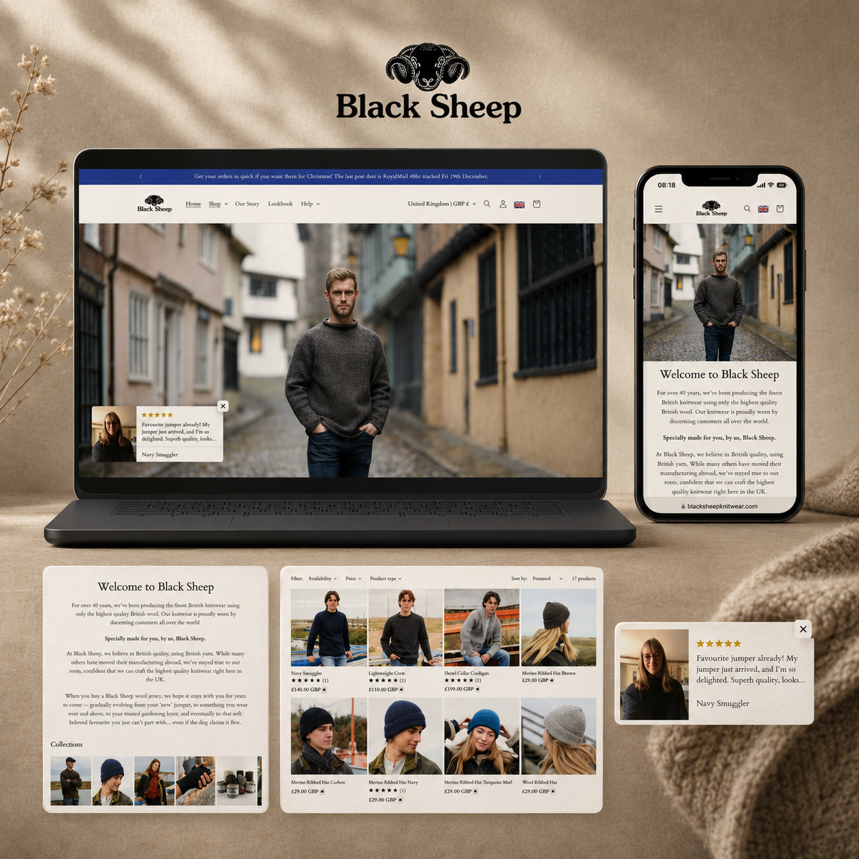 Black Sheep Knitwear Shopify website mockup by Rowe Creative