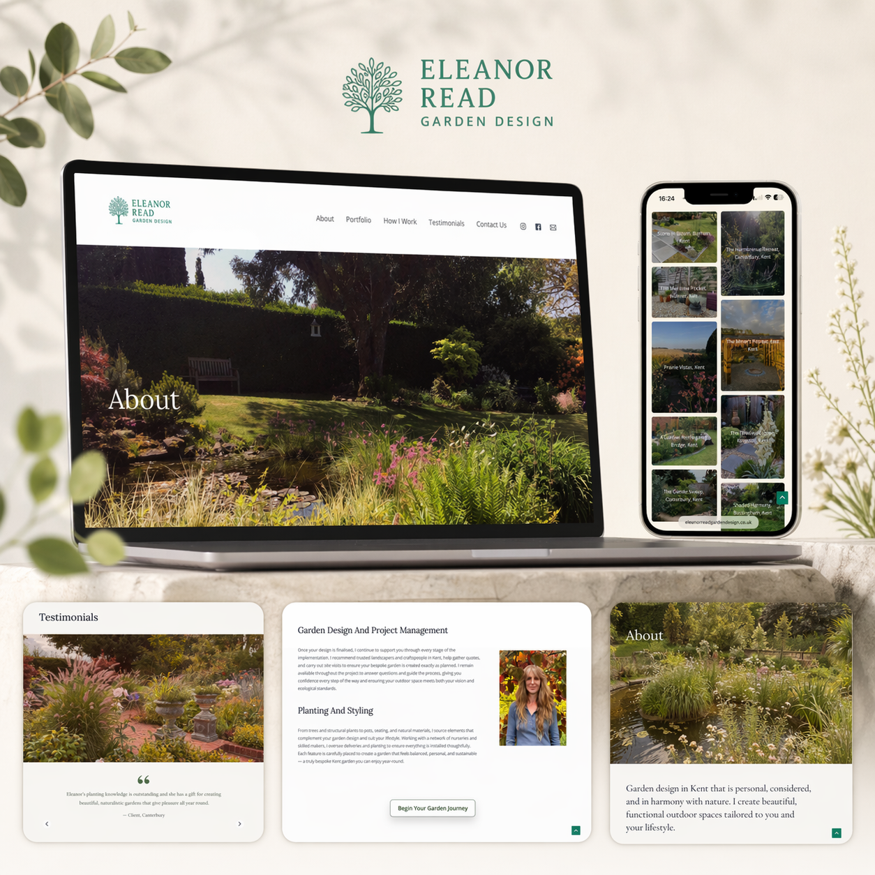 Elernor Read Garden Design portfolio website mockup by Rowe Creative