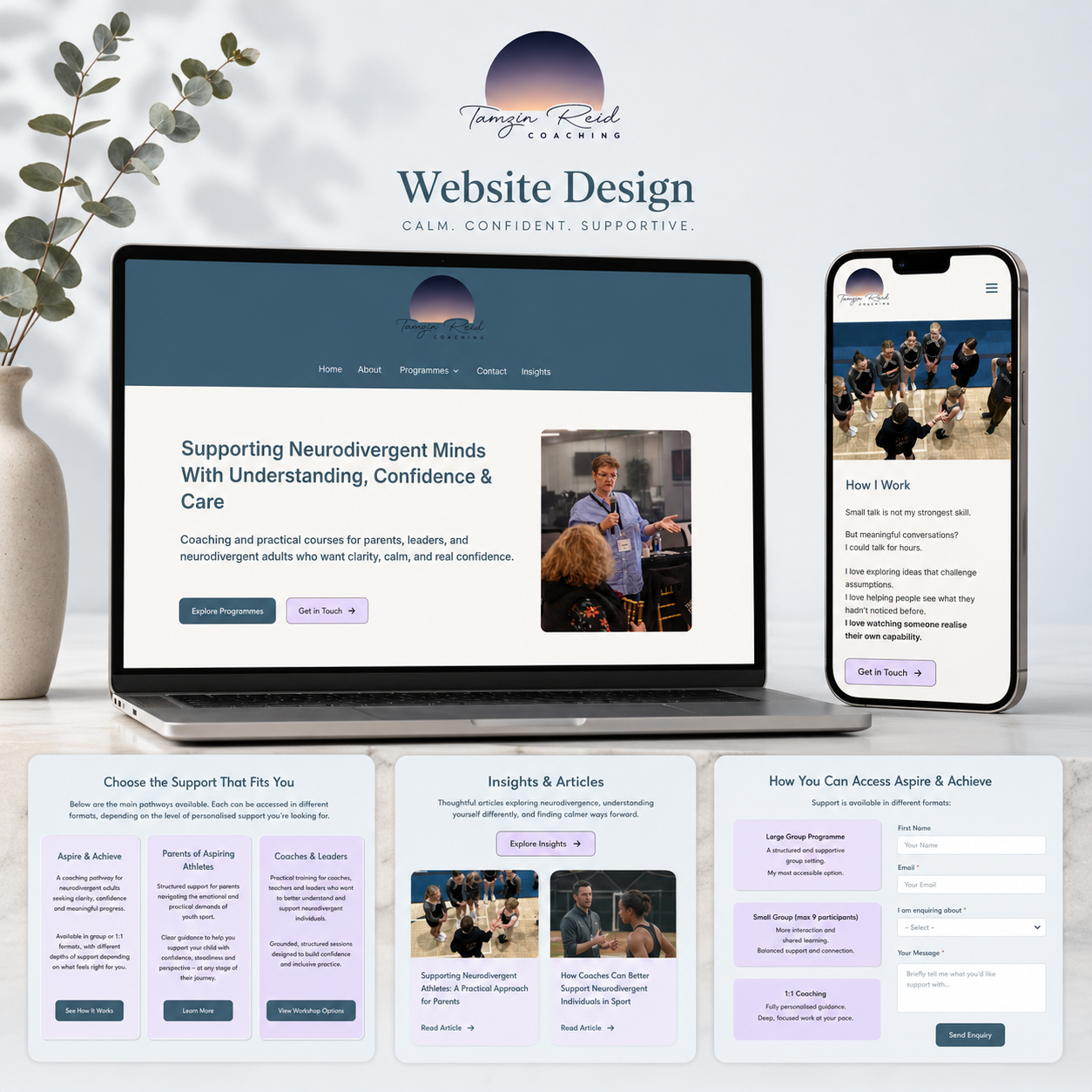 Tamzin Reid Coaching accessible website mockup by Rowe Creative
