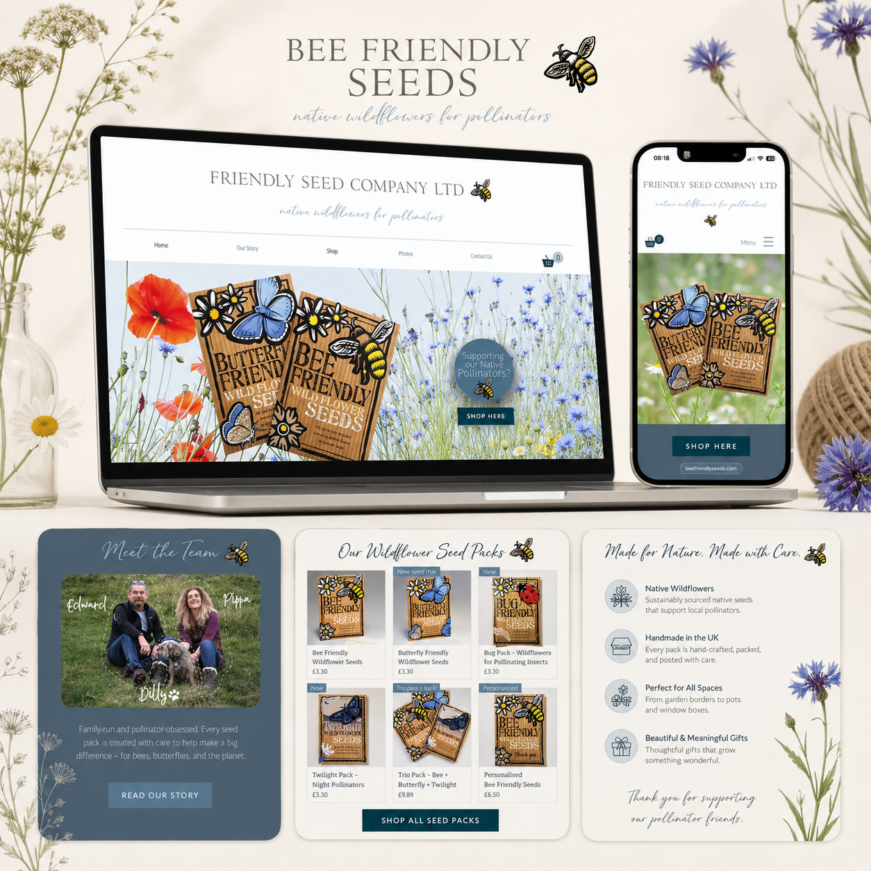 Bee Friendly Seeds ecommerce website shown across desktop and mobile