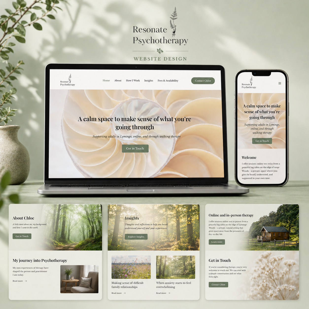 Resonate Psychotherapy responsive website shown across desktop and mobile