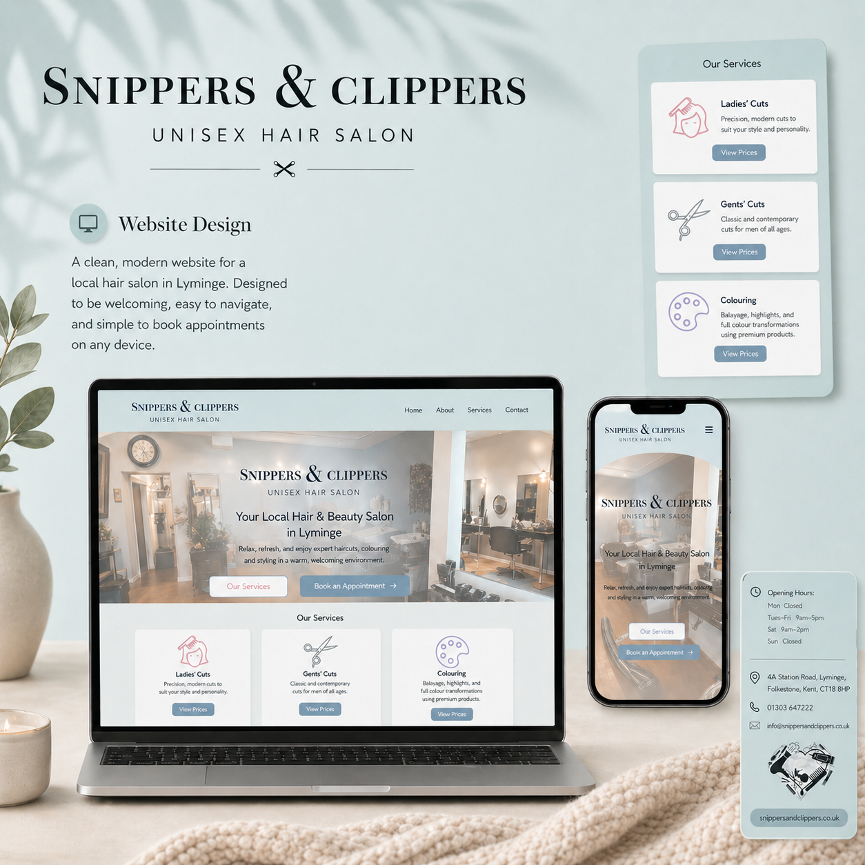 Snippers and Clippers website shown on desktop and mobile