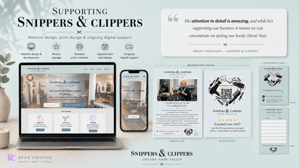 Snippers and Clippers Hair Salon Website Design, Google Business Profile Optimisation, social media support, and Graphic Design.