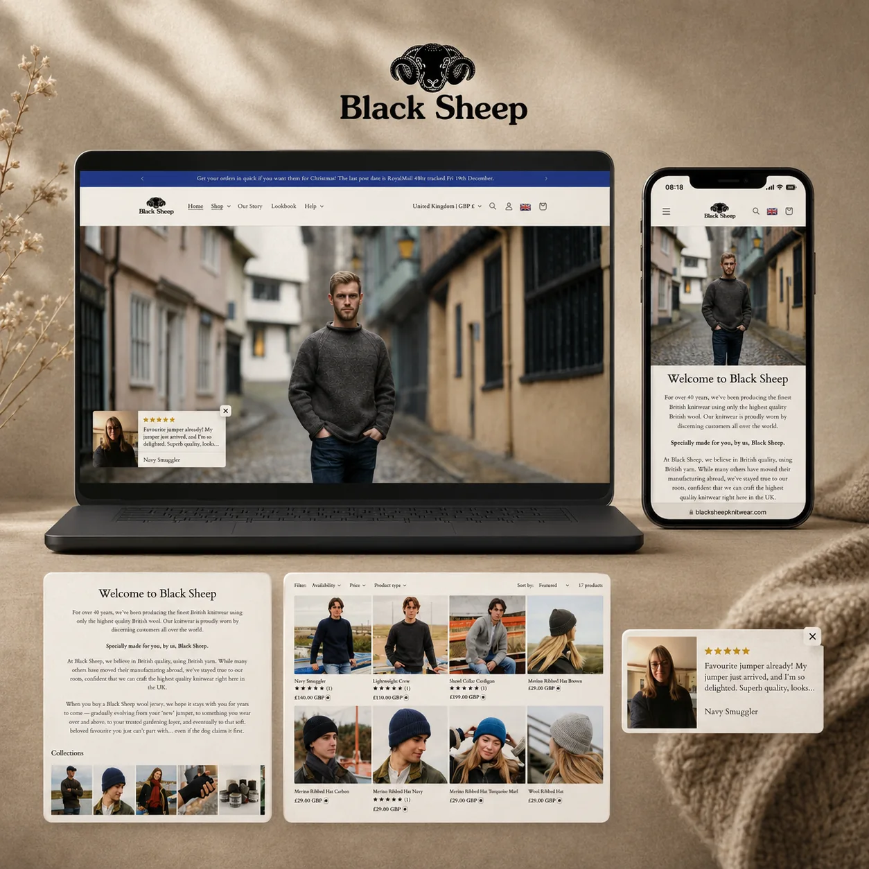 Black Sheep Knitwear website shown on laptop and mobile with genuine page details
