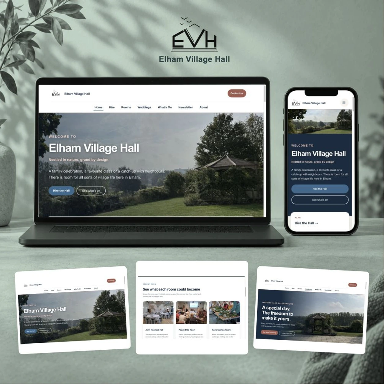 Elham Village Hall website shown on laptop and mobile with genuine page details