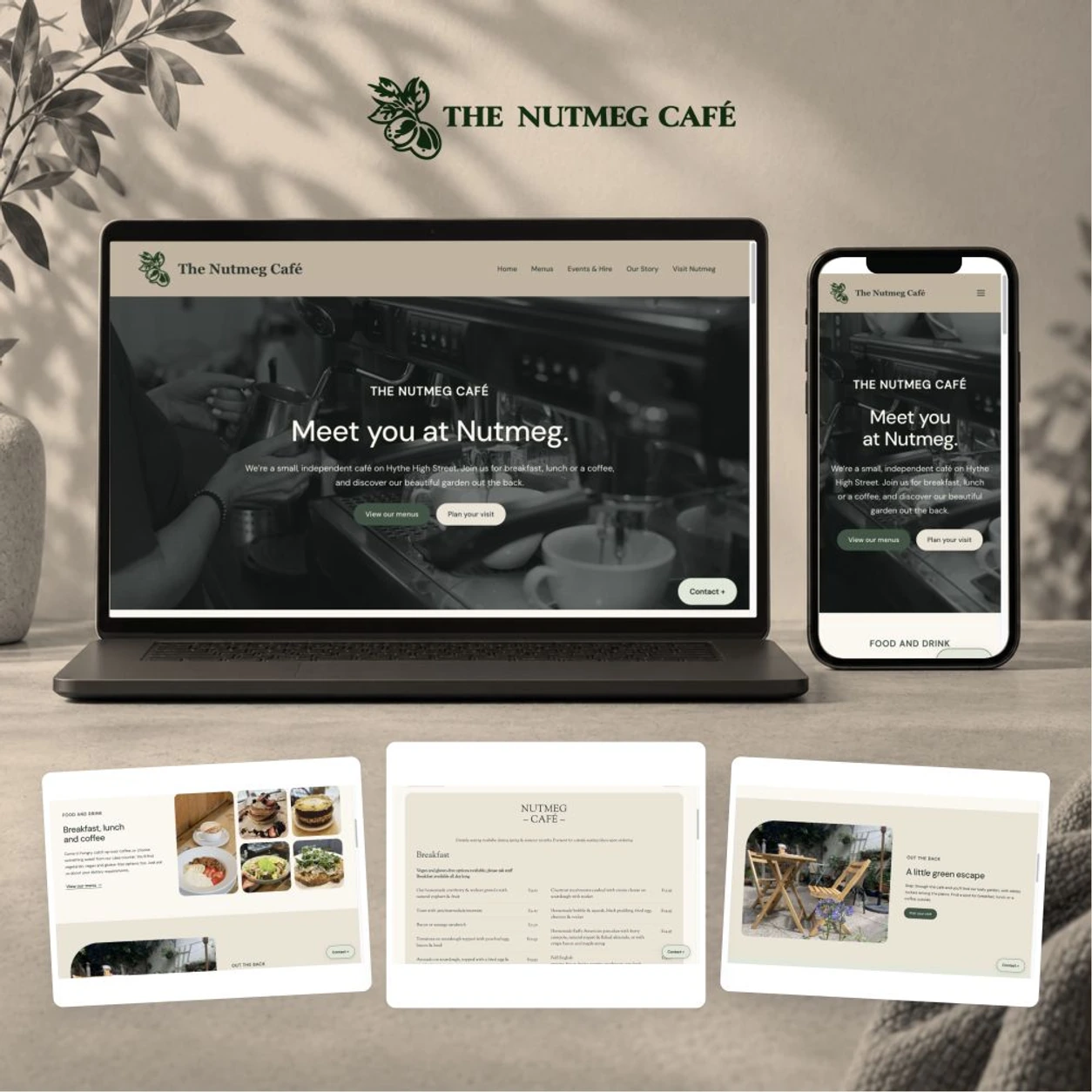 The Nutmeg Café website shown on laptop and mobile with genuine page details