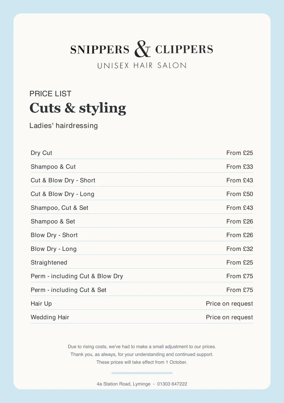 Snippers & Clippers cuts and styling price-list design