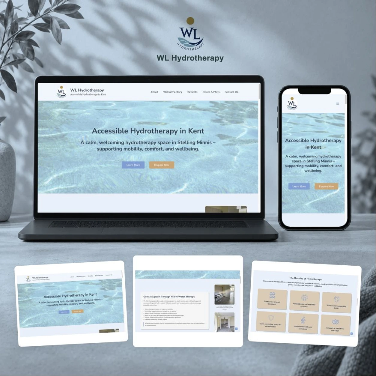 WL Hydrotherapy website shown on laptop and mobile with genuine page details