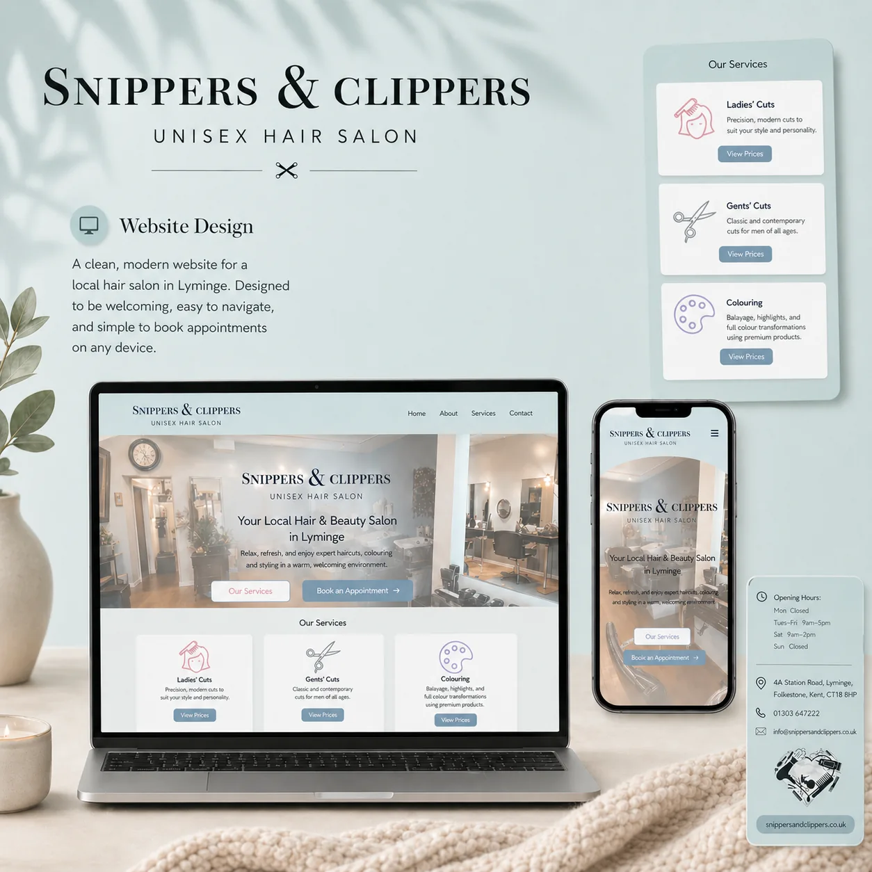 Snippers & Clippers website shown on laptop and mobile with genuine page details