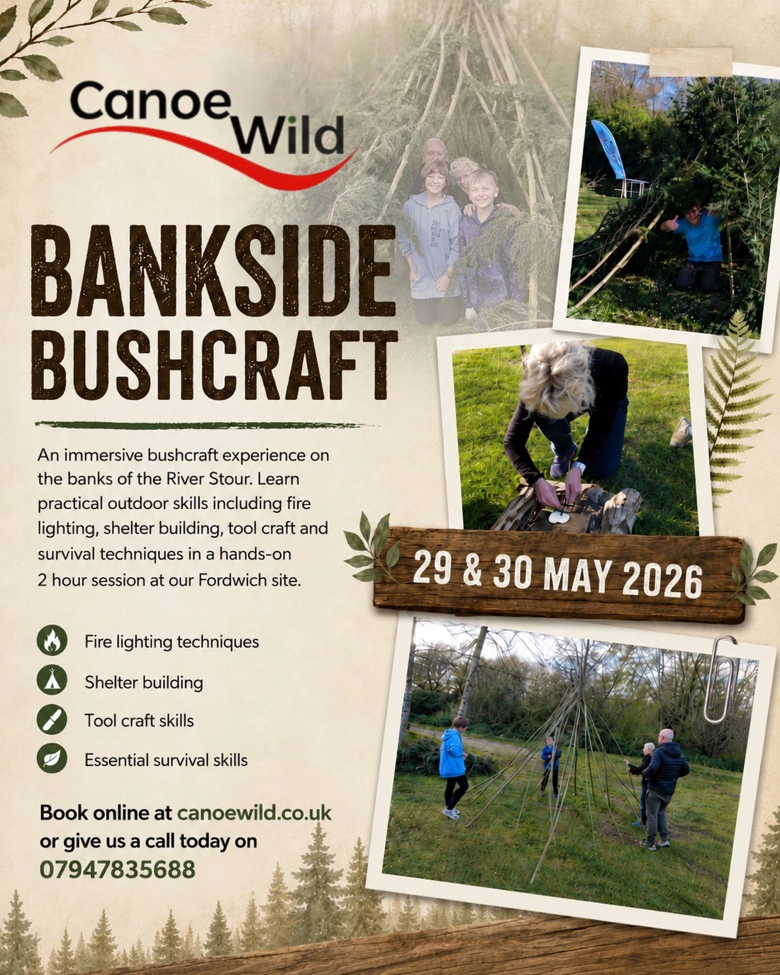 Canoe Wild Bankside Bushcraft campaign flyer, May 2026