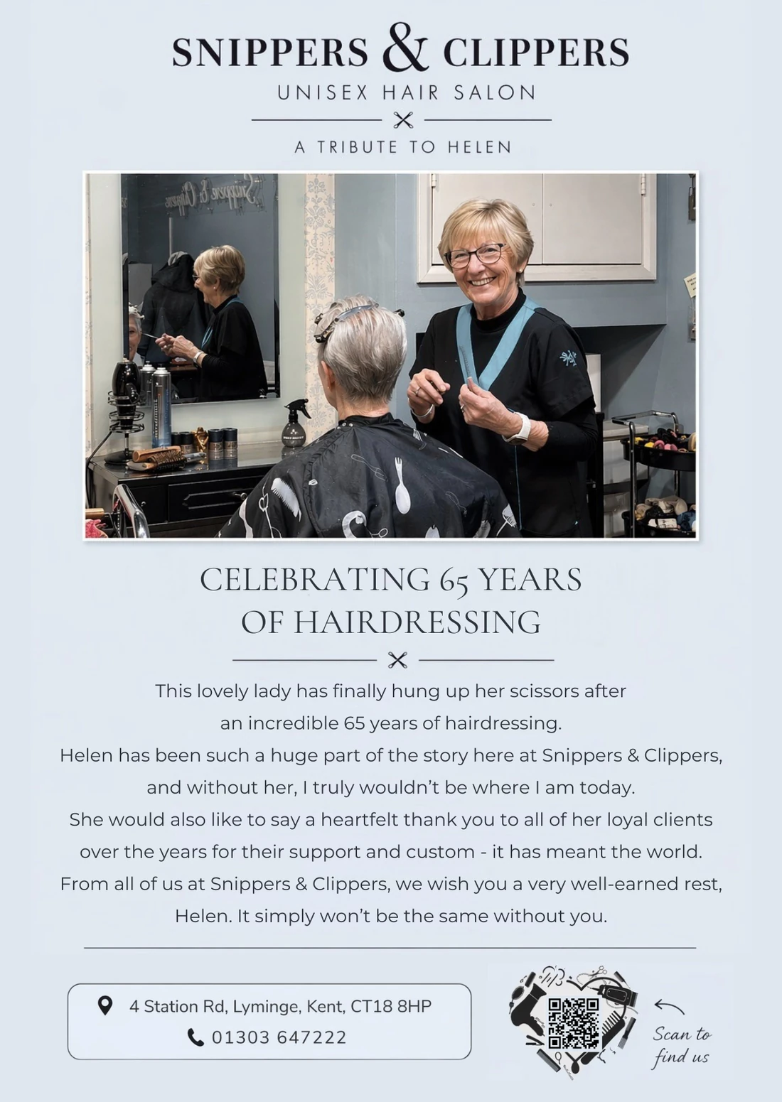 Snippers & Clippers tribute flyer celebrating Helen’s 65 years of hairdressing